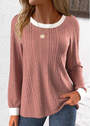 Modlily Dusty Pink Patchwork Long Sleeve Round Neck Sweatshirt - L