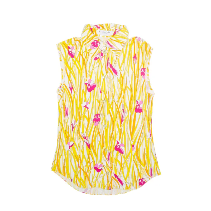 CHRISTIAN DIOR Boutique 60's Pattern Button-Up Yellow Floral Sleeveless Womens M