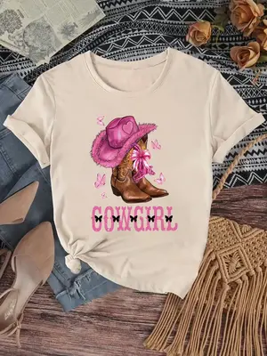Girl's Boots Print Round Neck Tee, Fashion Casual Letter Graphic Crew Neck T-Shirt for Daily Holiday Vacation Outdoor Wear, K...