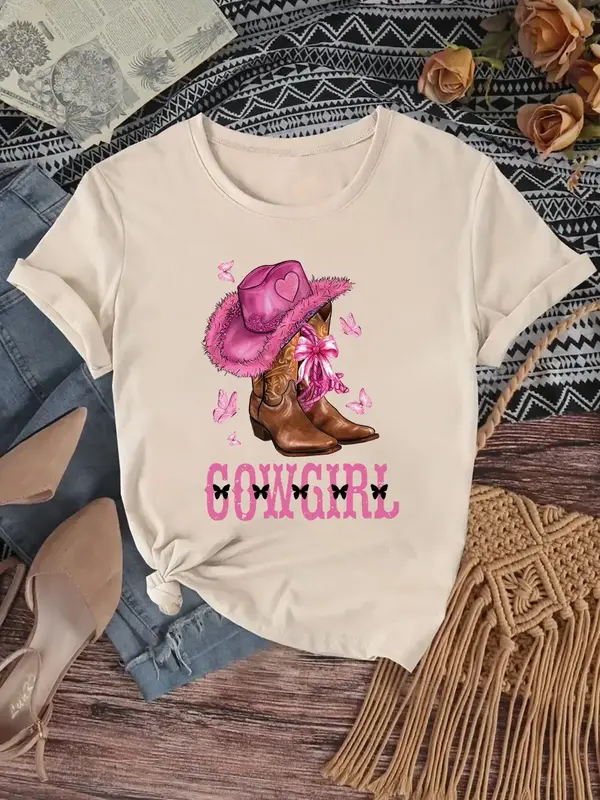 Girl's Boots Print Round Neck Tee, Fashion Casual Letter Graphic Crew Neck T-Shirt for Daily Holiday Vacation Outdoor Wear, K...