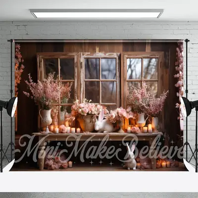 Pink Flower Bunny Wood Desk Window Easter Backdrop - Aperturee