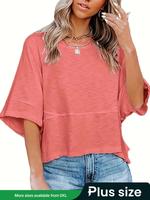 【Plus Size】 Solid Color Tee, Casual Half Sleeve Round Neck T-shirt for Daily Wear, Women Clothing for All Seasons, Summer...