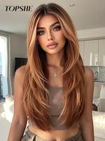 22 Inch Reddish Brown Long Hair Wigs for Women, Gorgeous Fluffy Wigs without Bangs, Synthetic Lace Front Wigs for Party, Dail...
