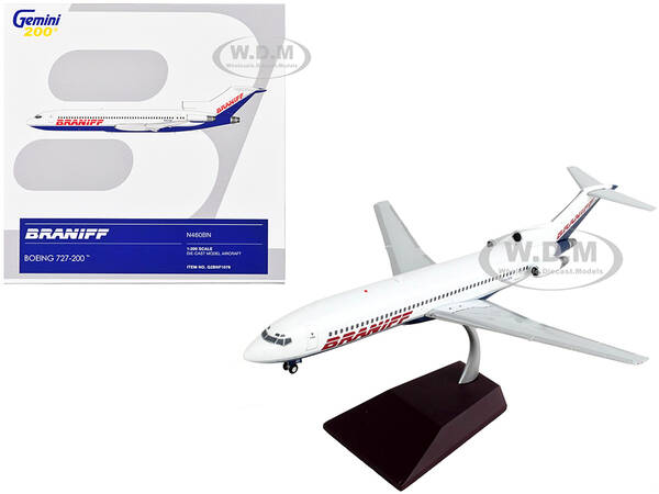 Boeing 727-200 Commercial Aircraft Braniff International Airways White and Blue Gemini 200 Series 1/200 Diecast Model Airplan...