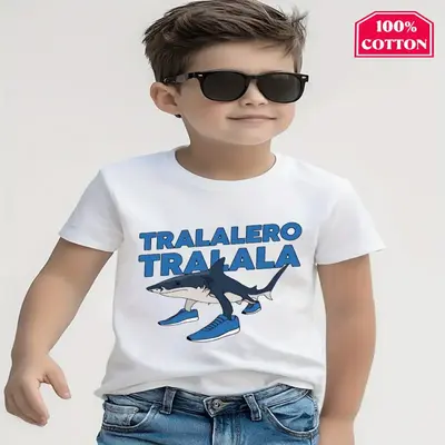 Boys' Cool and Quirky I Ching tralalero tralala Sneaker Shark ITALIAN BRAINROT Printed Short Sleeve Round Neck Shirt Cotton K...