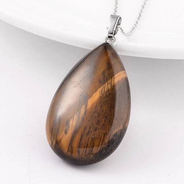 Teardrop Platinum Tone Brass Tiger Eye Pendants