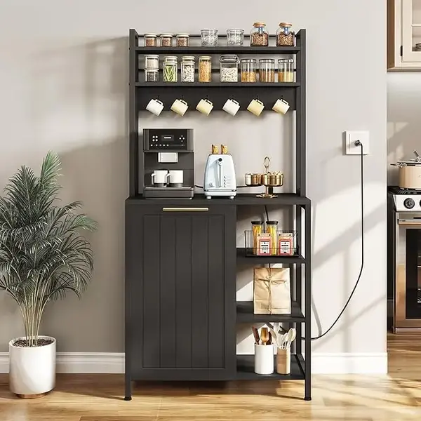 DWVO Bakers Rack with Trash Can Bin Cabinet and Power Outlet, Microwave Stand Cabinet with 6 Hooks, 6-Tiers Farmhouse Kitchen...