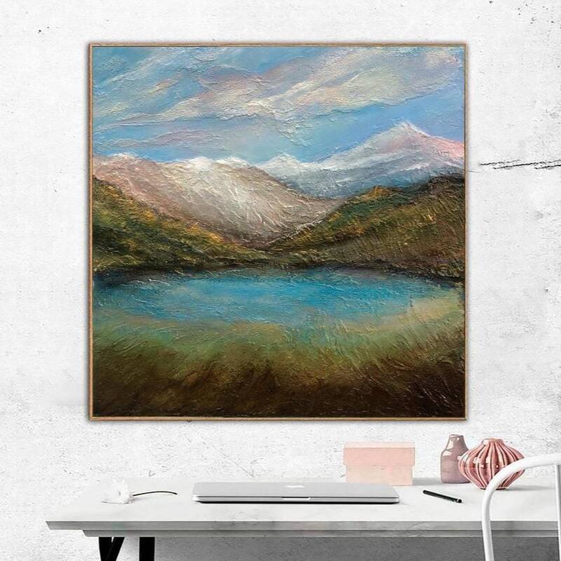 Original impressionist mountain lake landscape oil painting on canvas: impasto minimalist mountain and lake art in blue, whit...