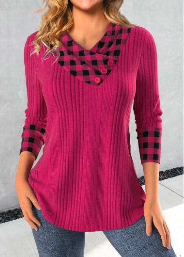 Modlily Hot Pink Patchwork Plaid Long Sleeve Sweatshirt - L