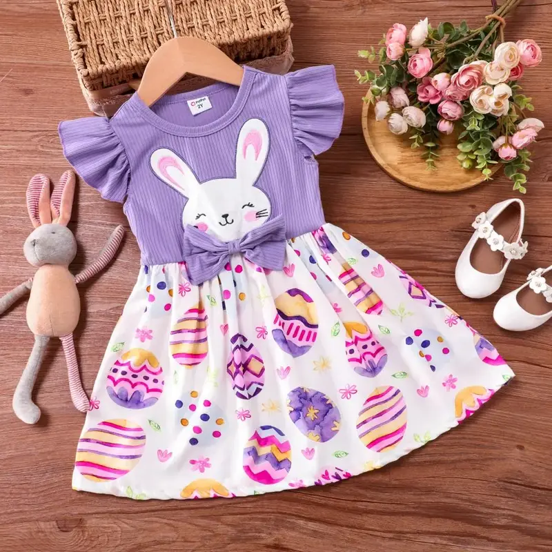 PatPat Easter Toddler Girl Rabbit Print Flutter-sleeve Dress Colorful Spring