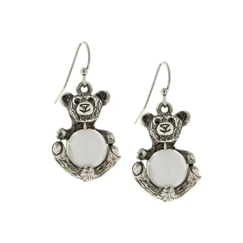 Pewter Round Semi Precious White Quartz Teddy Bear Wire Earrings