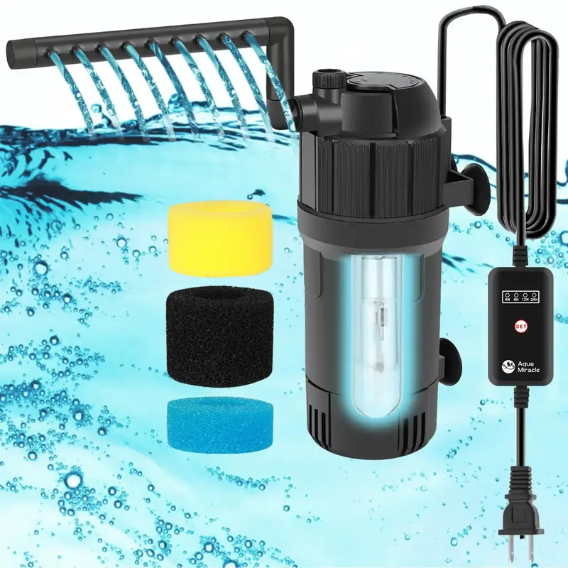 AquaMiracle Aquarium Filter for Green Water, U-V Fish Tank Filter Pump with Timer (4/8/12/24 Hrs), Dual Mode (Aeration/Rainfa...