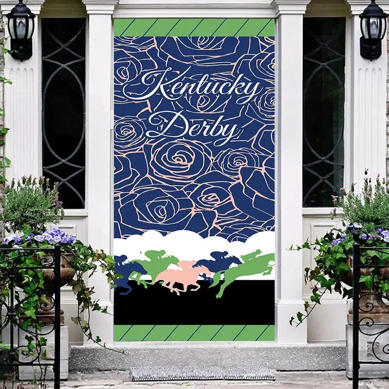 Kentucky Derby Horse Pink Rose Lines Blue Door Cover - Aperturee
