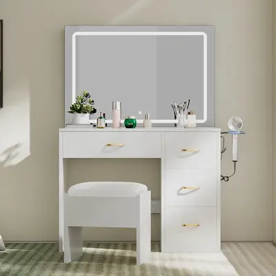 YITAHOME Makeup Vanity with Lighted Mirror, Vanity Desk with Power Strip, Adjustable Lighting, 4 Drawers, and Cushioned Stool...