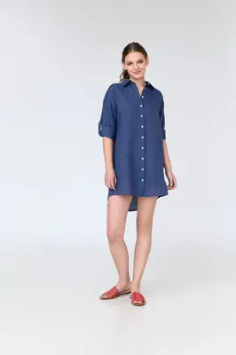 Lara - long sleeve linen mini shirt dress | Size: S | Color: Medium Blue