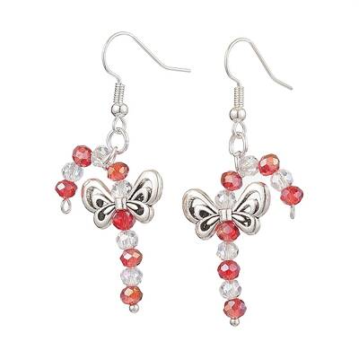 Christmas Bowknot Candy Cane Electroplated Glass Bead & Alloy Dangle Earrings