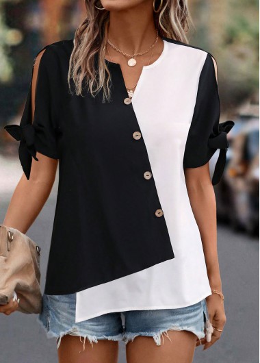 Modlily Black Patchwork Short Sleeve Split Neck Blouse - XXL