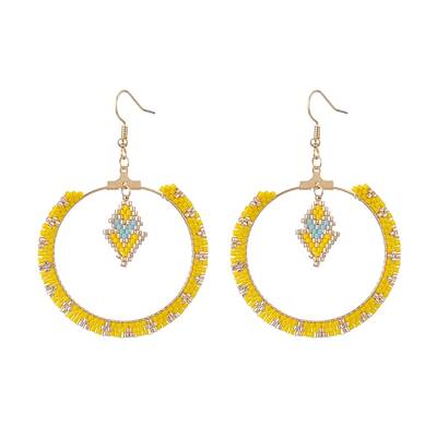 Glass Seed Braided Ring & Rhombus Dangle Earrings