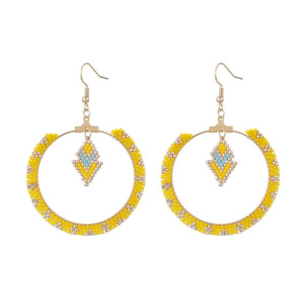 Glass Seed Braided Ring & Rhombus Dangle Earrings
