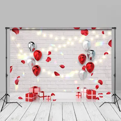 Red Balloon Gift Brick Valentines Day Photo Backdrop - Aperturee