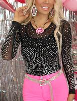 Women's Sparkly Rhinestone Sheer Mesh Long Sleeve Bodysuit See Through Midnights Crystal Leotard Kpop Party Black Top Western...