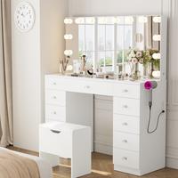 VOWNER Vanity with 10×Magnifying Mirror, With Glass Top & Power Outlet, 3 Color Light Options, 43\
