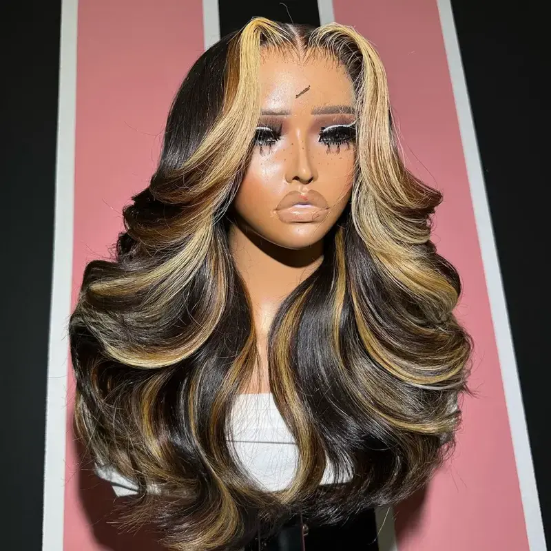 Layered Cut Salon Hairstyles Highlight Color Body Wave 13x4 Transparent Lace Front Wig Curtain Bangs 100% Human Hair