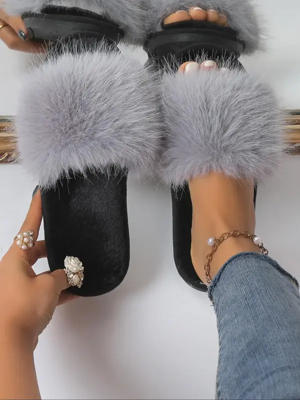 Women's Fashion Faux Fur Fluffy Home Slippers, Casual Soft Plush Comfortable Bedroom Slippers, Plain All-match Indoor Shoes f...