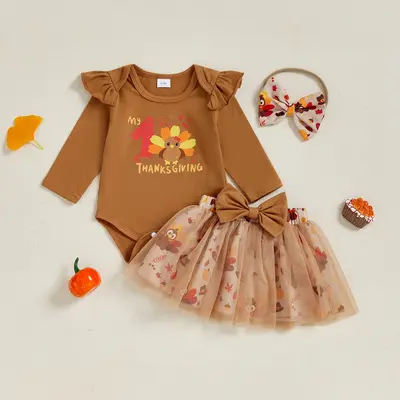 Infant Baby Girls Thanksgiving Outfits Letter Long Sleeve Romper with Turkey Print Tulle Mini Skirt Headband 0-18 Months