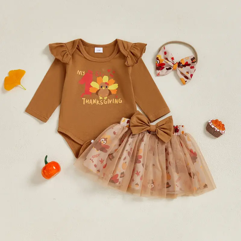 Infant Baby Girls Thanksgiving Outfits Letter Long Sleeve Romper with Turkey Print Tulle Mini Skirt Headband 0-18 Months