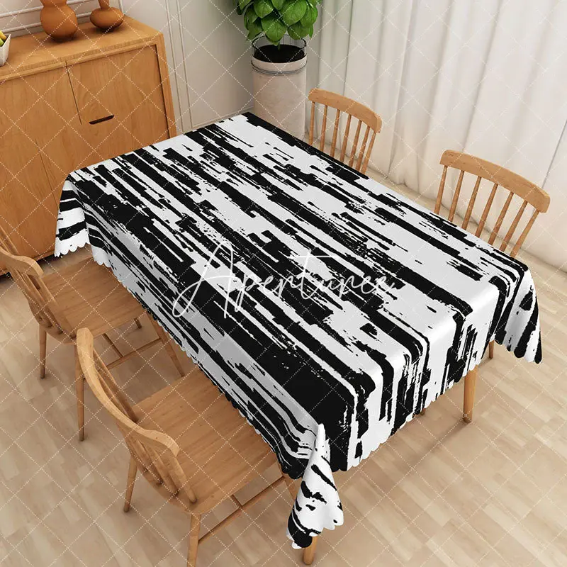 Aperturee Abstract Black And White Line Art Rectangle Tablecloth, 52 x 70 inch, 30.82 USD, rectangle tablecloths, ZJY04931-A