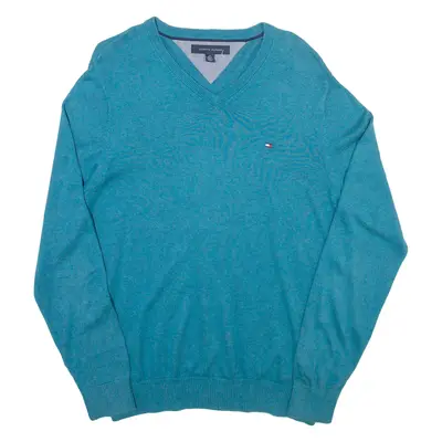 TOMMY HILFIGER Mens Jumper Blue V-Neck Tight Knit M