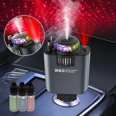 W&O 5 in 1 Starlight/Aroma Retractable Car Charger- Fast Charging Adapter with Lightning Cable, Dual Charge Ports, Aroma Feat...