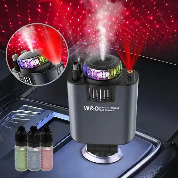 W&O 5 in 1 Starlight/Aroma Retractable Car Charger- Fast Charging Adapter with Lightning Cable, Dual Charge Ports, Aroma Feat...