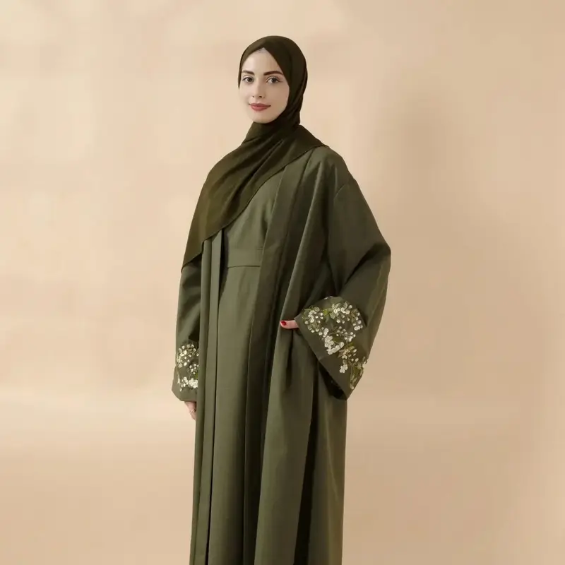 Olive Branch Embroidered Linen Abaya Set | 4-Piece Handmade Design | Jasmine & Olive Flower Embroidery | Symbol of Peace & Re...