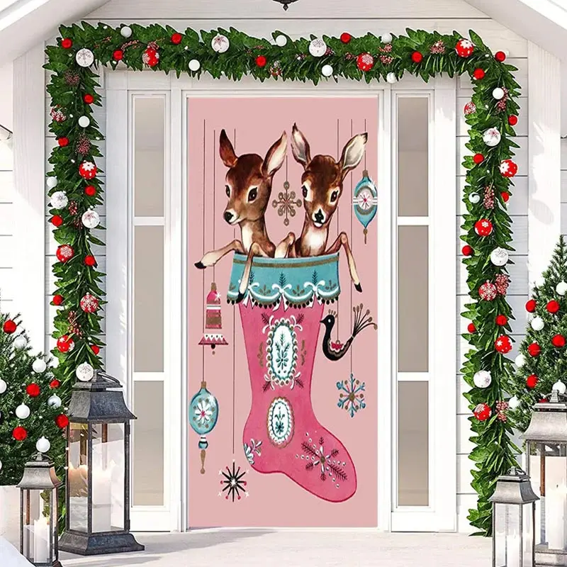 Christmas Stocking Sika Deer Pink Door Cover Decor - Aperturee