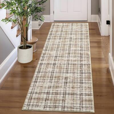Garvee Washable Kitchen Runner Rug 2x8 Beige - Non-Slip, Machine-Washable Faux Wool, Tartan Plaid for Entryway, Hallway, Bedr...