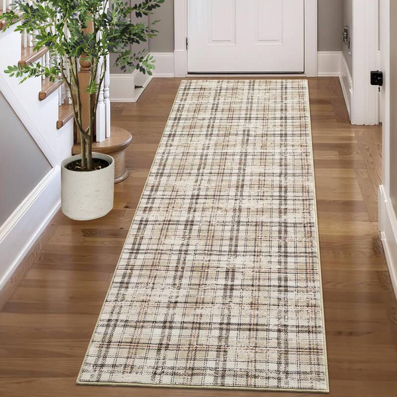 Garvee Washable Kitchen Runner Rug 2x8 Beige - Non-Slip, Machine-Washable Faux Wool, Tartan Plaid for Entryway, Hallway, Bedr...