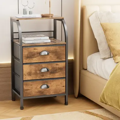 Nightstand with 3 Drawers and 2-Tier Shelf, Fabric Small Dresser Organizer Vertical Storage Tower for Bedroom, Closet, Hallwa...