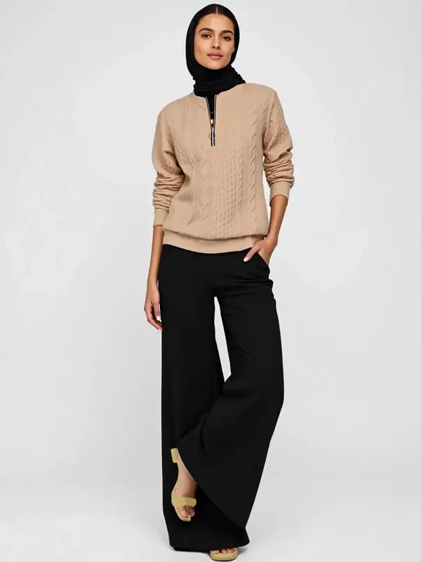 Women's Spring & Fall Zipper Pattern Pullover Sweatshirt, Casual Fitted Plain Design, Comfortable Sportswear Tops for Daily W...