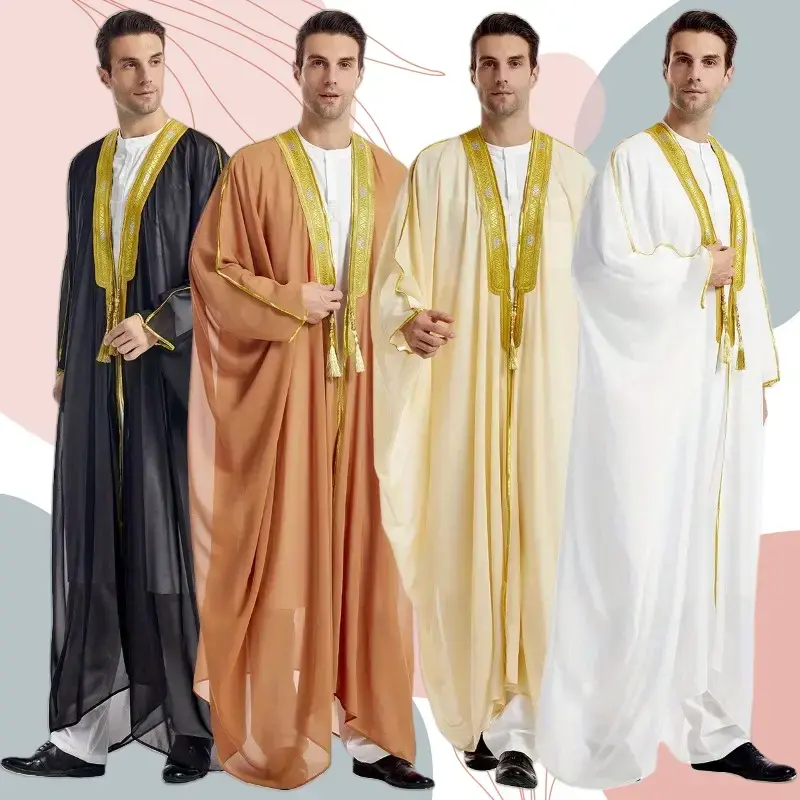 Elegant Gold Embroidered Arabic Thobe for Men Islamic Formal Robe Middle East Wedding Cultural Events Black Brown Beige White...