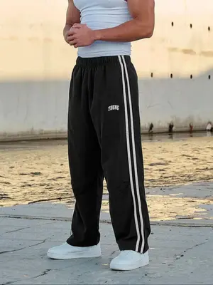 Men's Letter & Striped Print Pants, Regular Fit Casual Comfy Breathable Pants for Outdoor Daily Wear, Men's Trousers for All...