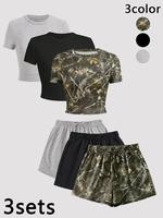 Two-Piece Set Women's Solid Crop Top & Shorts Set, Casual Sporty Breathable Comfortable Two-piece for Yoga Gym Workout Runnin...