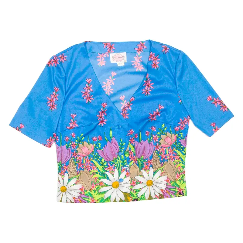 BELDONA Womens Printed Blouse Blue V-Neck Floral S