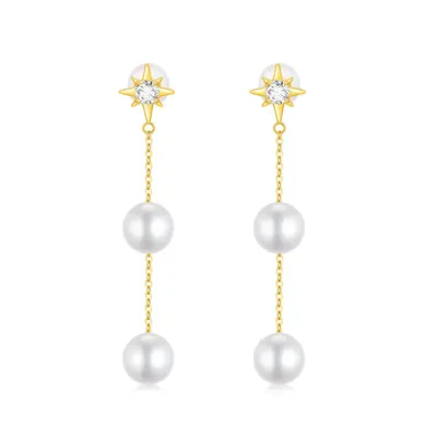 14K Gold Circular Shaped Cubic Zirconia & Pearl Pentagram Drop Earrings