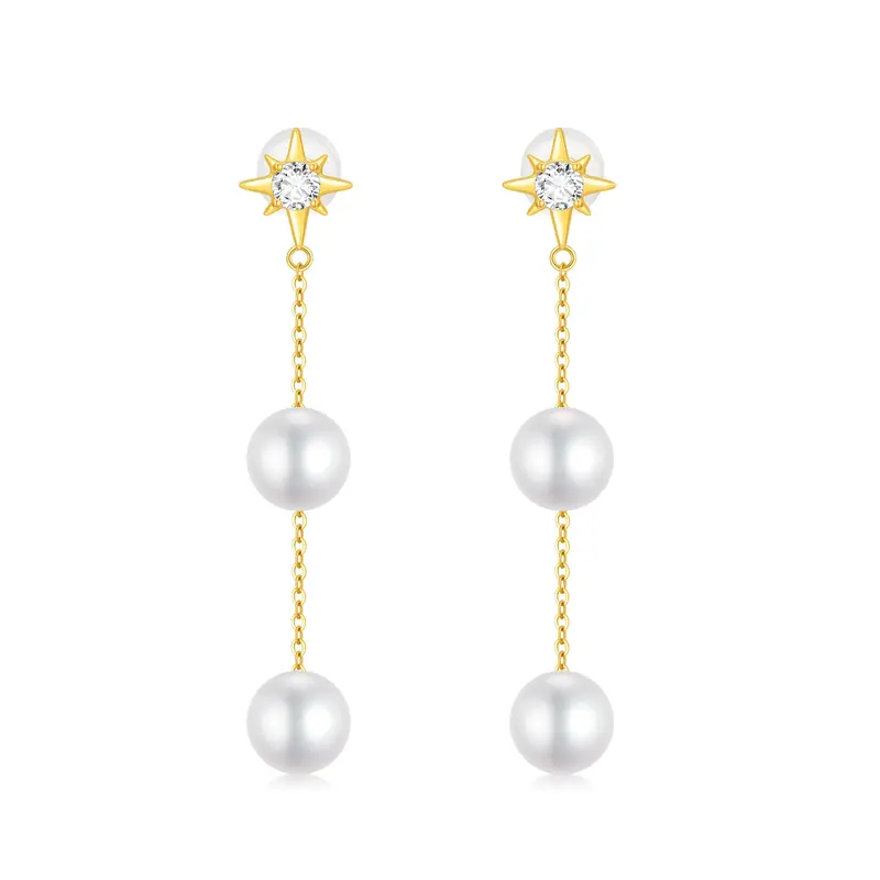 14K Gold Circular Shaped Cubic Zirconia & Pearl Pentagram Drop Earrings