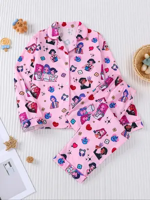 Sweet Bow Heart Pajama Set, Fall Winter Thin Fire Retardant Casual Comfortable Lapel Long Sleeve Pants Suit