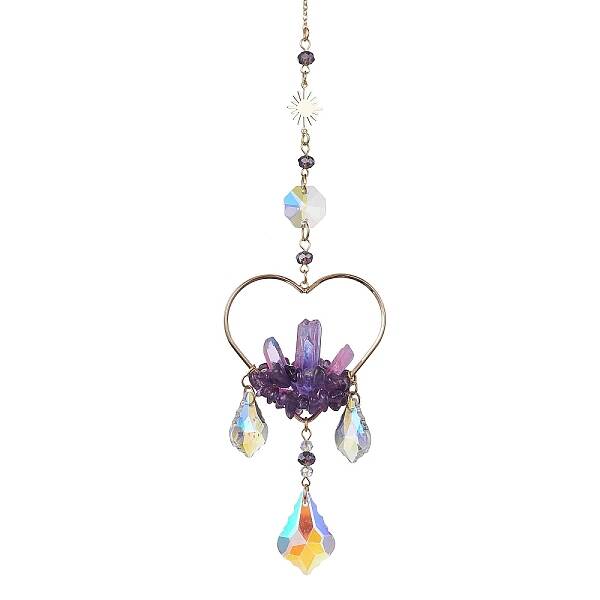 Natural Amethyst Wrapped Heart Hanging Ornaments