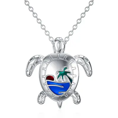 Sterling Silver Sea Turtle & Coconut Tree Pendant Necklace