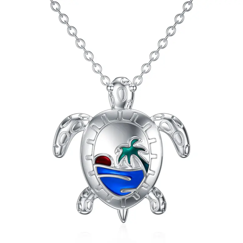 Sterling Silver Sea Turtle & Coconut Tree Pendant Necklace